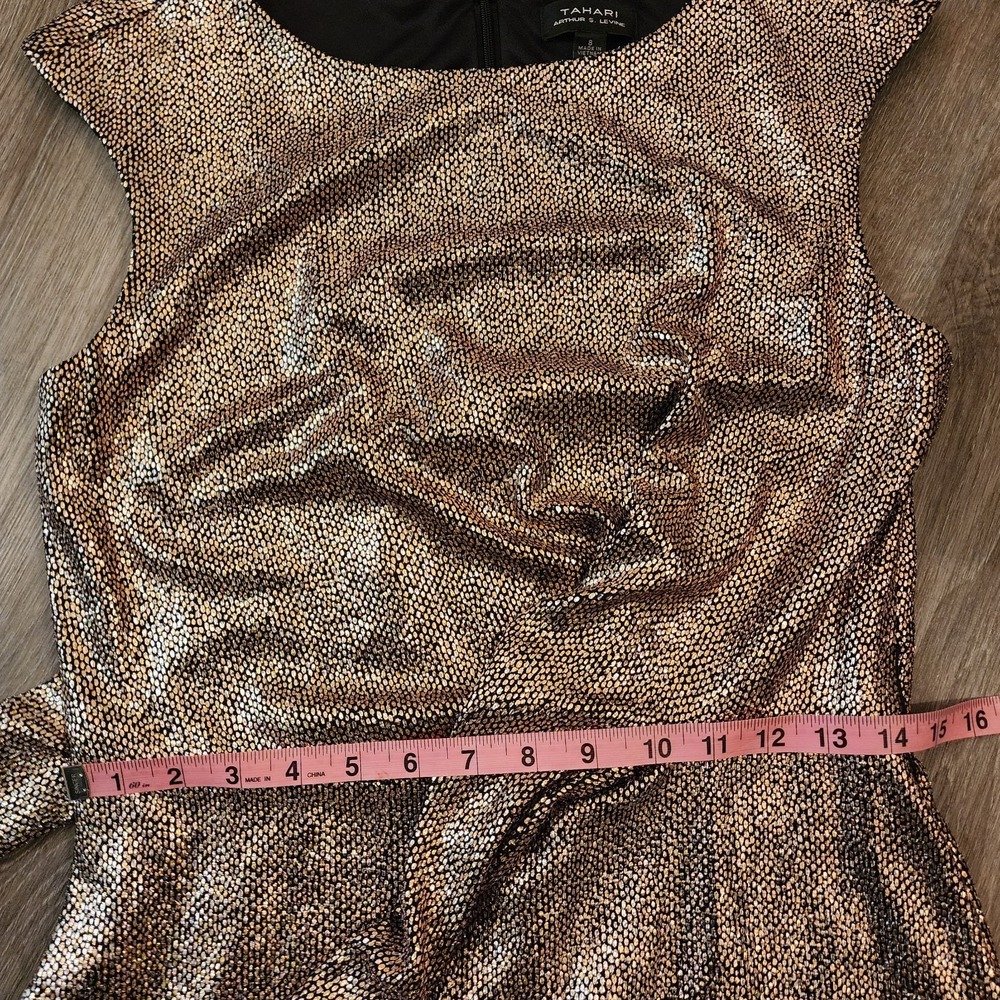 Tahari Metallic Bronze Faux Wrap Dress 8 Cap Sleeve Cocktail Quiet Luxury Glam - Picture 16 of 16